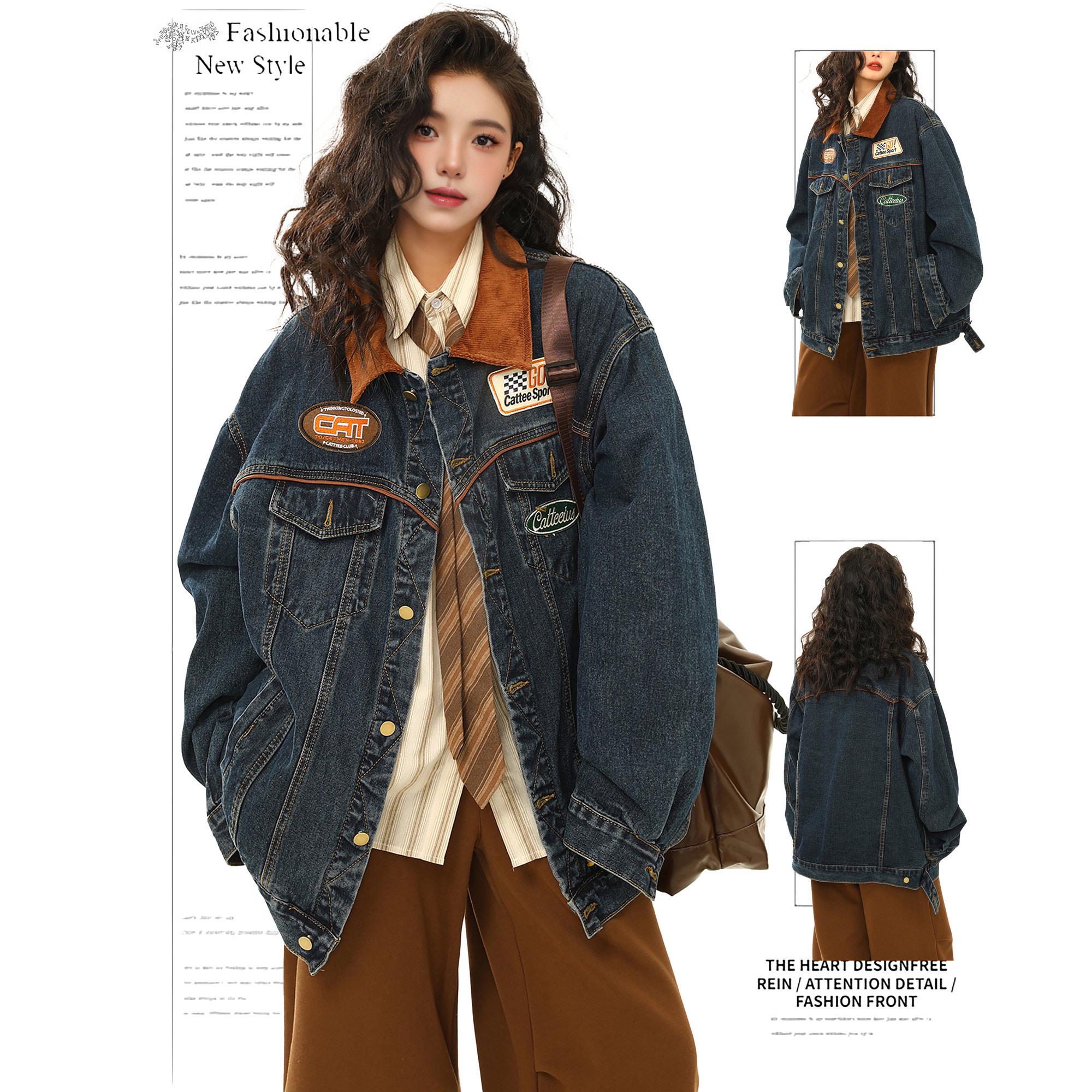 

Женская ретро джинсовая мотоциклетная куртка в стиле хай-стрит с вышивкой - Весенне-осенний топ оверсайз с лацканами Large синий