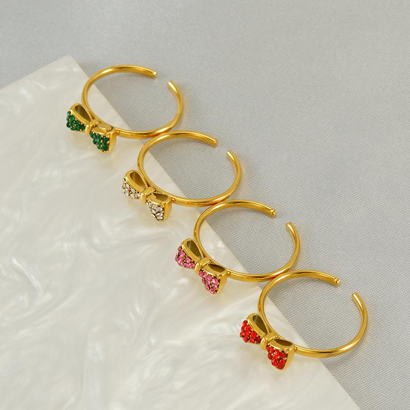 Stainless Steel Bowknot Ring with Inlaid Diamonds – Elegant, Non-fading, Open Design for Women