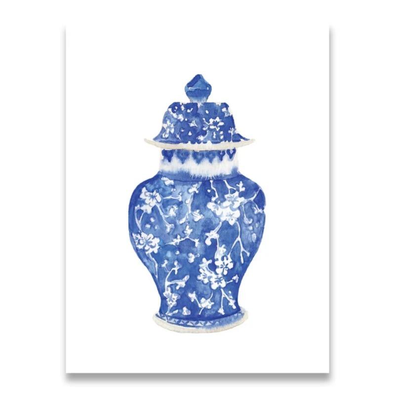 Blue and White Chinese Vase Watercolor Art Prints  Ginger Jar Oriental Porcelain Canvas HD Poster  Elegant Home Wall Decor Paint