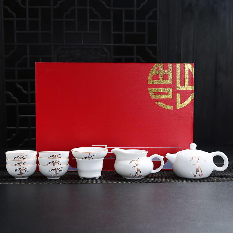 White Ceramic Kung Fu Tea Set with Bamboo Leaf Design