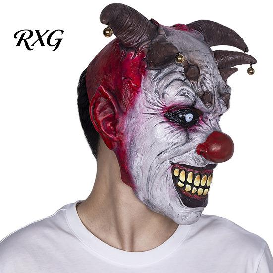 Scary Halloween Clown Mask Devil Horns Mask, with Bell Decor, Breathable Comfortable Costume Accessories for Latex Headgear, Adult Cosplay Props