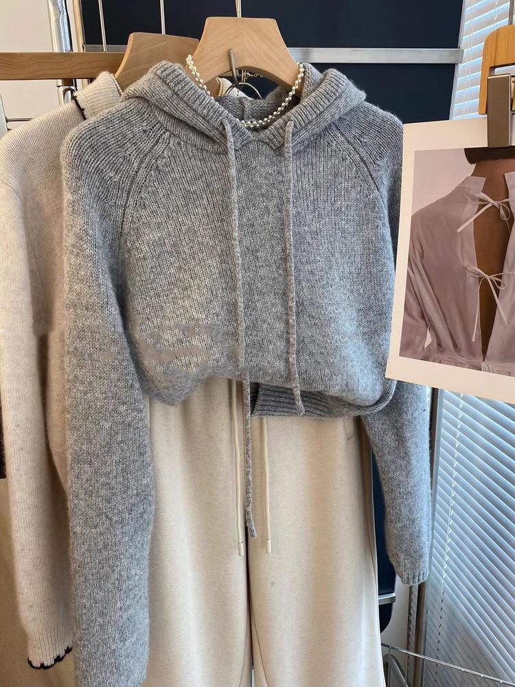 Women’s Korean-Style Gray Hooded Knit Sweater – Soft, Cozy, and Perfect for Autumn/Winter