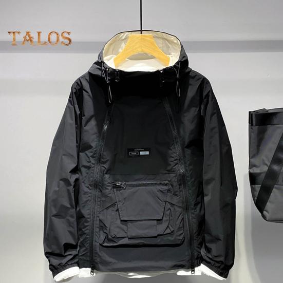 Men Trench Coat Hooded Drawstring Long Sleeve Double Zipper Cargo Tops Solid Color Large Pocket Street Style Outwear