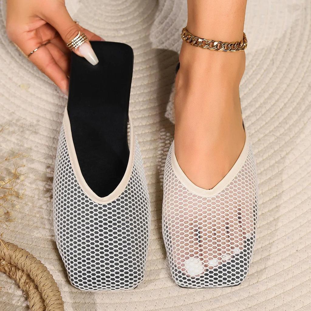 Fashion Summer Mesh Mules Shoes Women 2025 New Low Heel Slippers Women Outdoor Sandals Korean Sexy Elegant Chic Square Toe Slip On Shoes