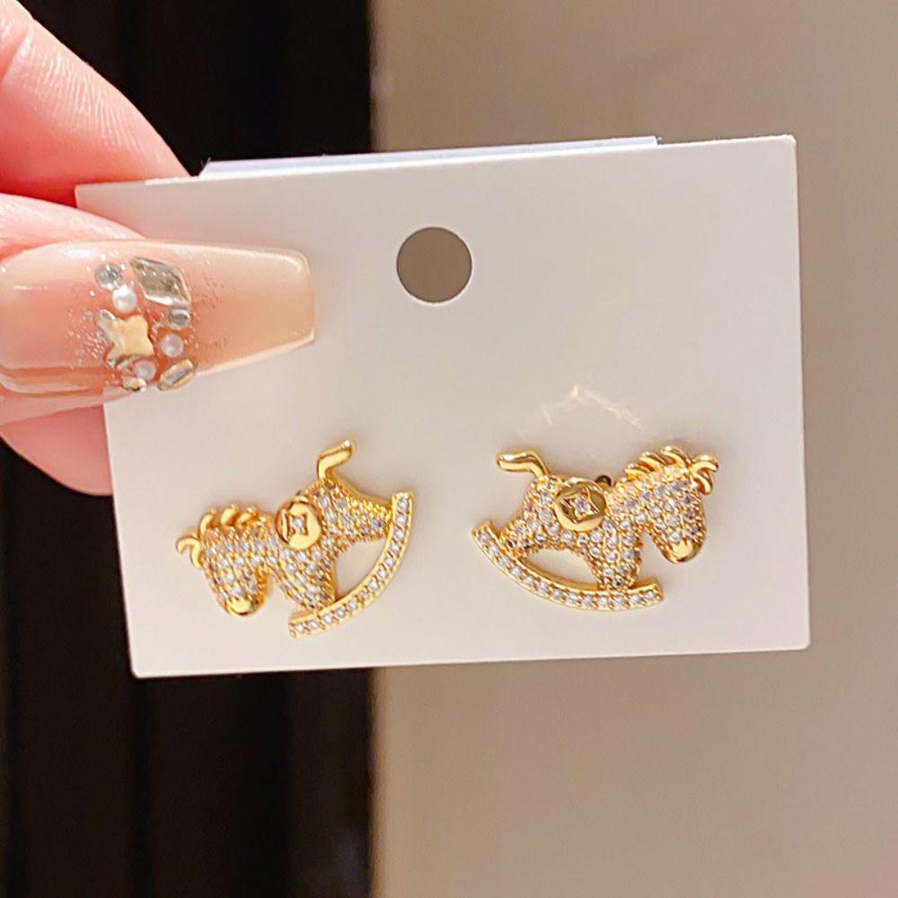 Chinese Style Crystal Zodiac Pony Earrings Cartoon New Year Ear Studs  New Year Gift