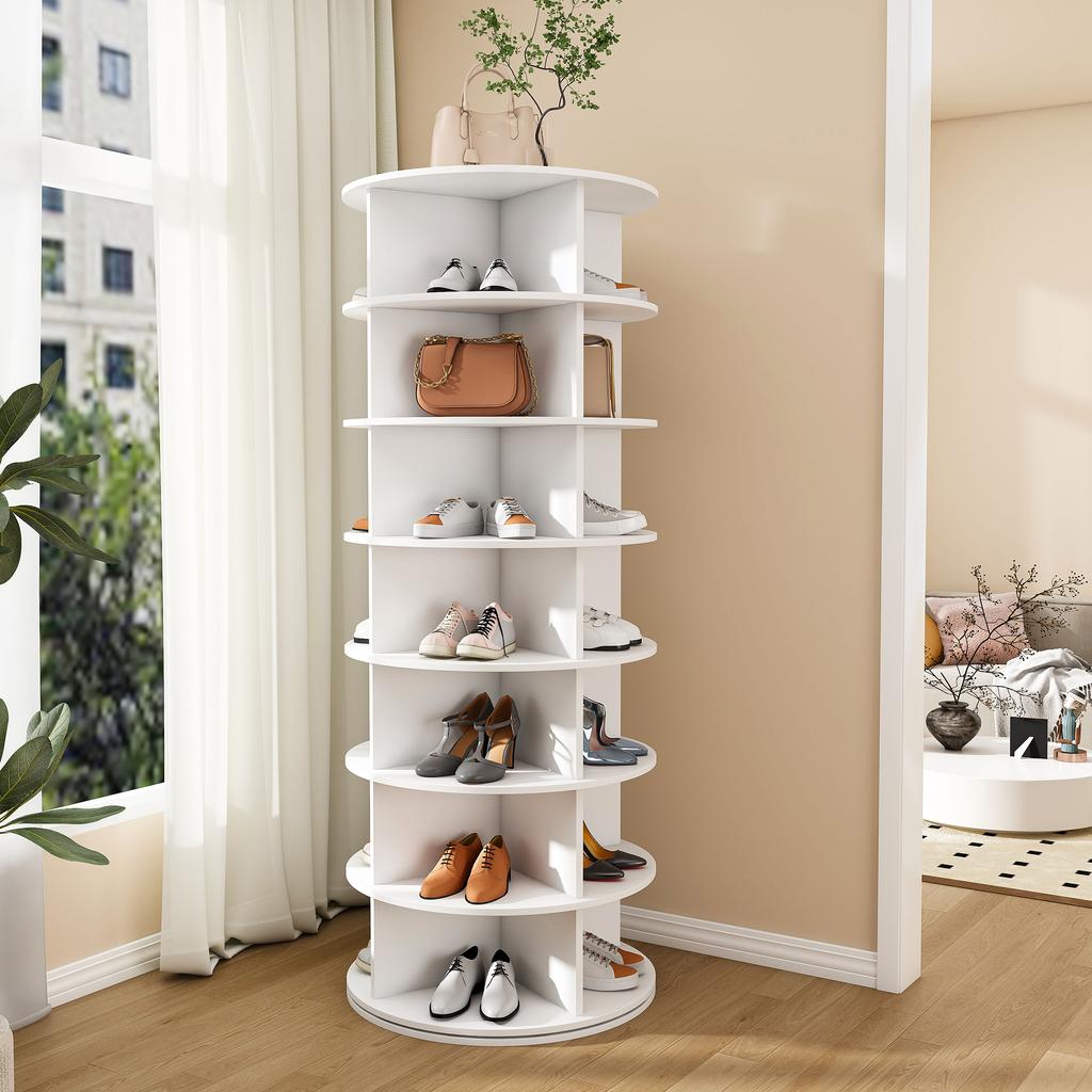 7-Tier rotating shoe rack tower, 360 degrees rotatable – freestanding shoe rack for 28 pairs of shoes, space-saving, white (60 × 60 × 161cm)