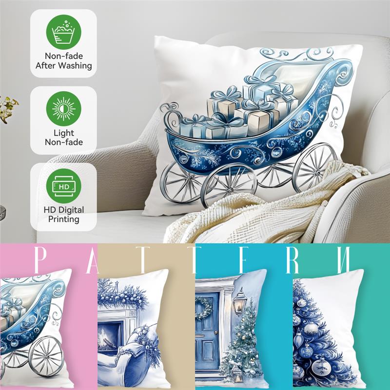 Blue Christmas Decor Cushion Pillowcase Printed Polyester 45X45Cm Throw Pillowcover Decorative Sofa Cushion Pillowslip Decor