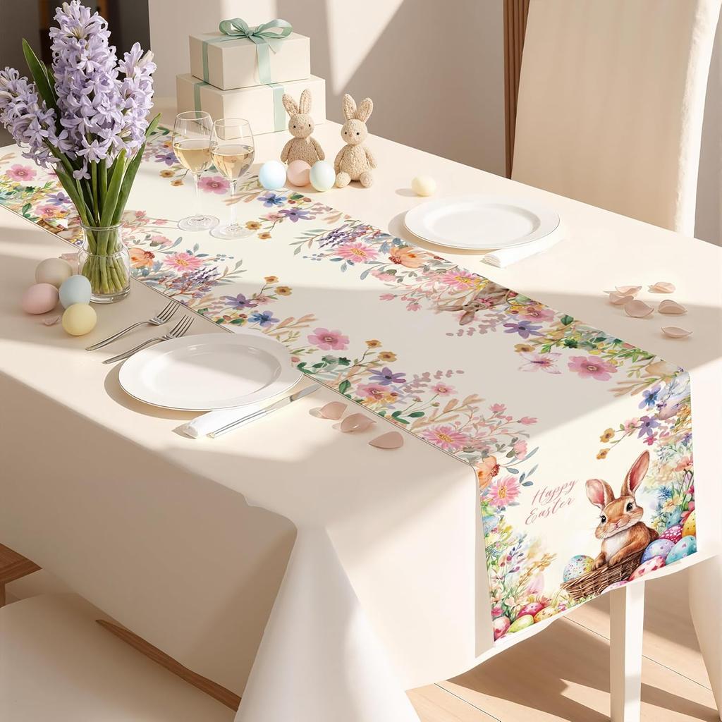 Easter Bunny Flofal Linen Table Runner Dresser Scarf Table Decor Spring Watercolor Wildflowers Table Runners Easter Decorations