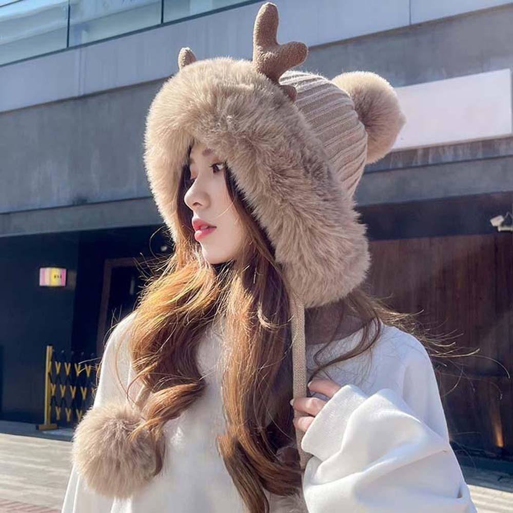 Thermal Deer Antler Beanie Thickened Warm Earflap Hat Winter Knit Bonnet Ear Protection Cap Women