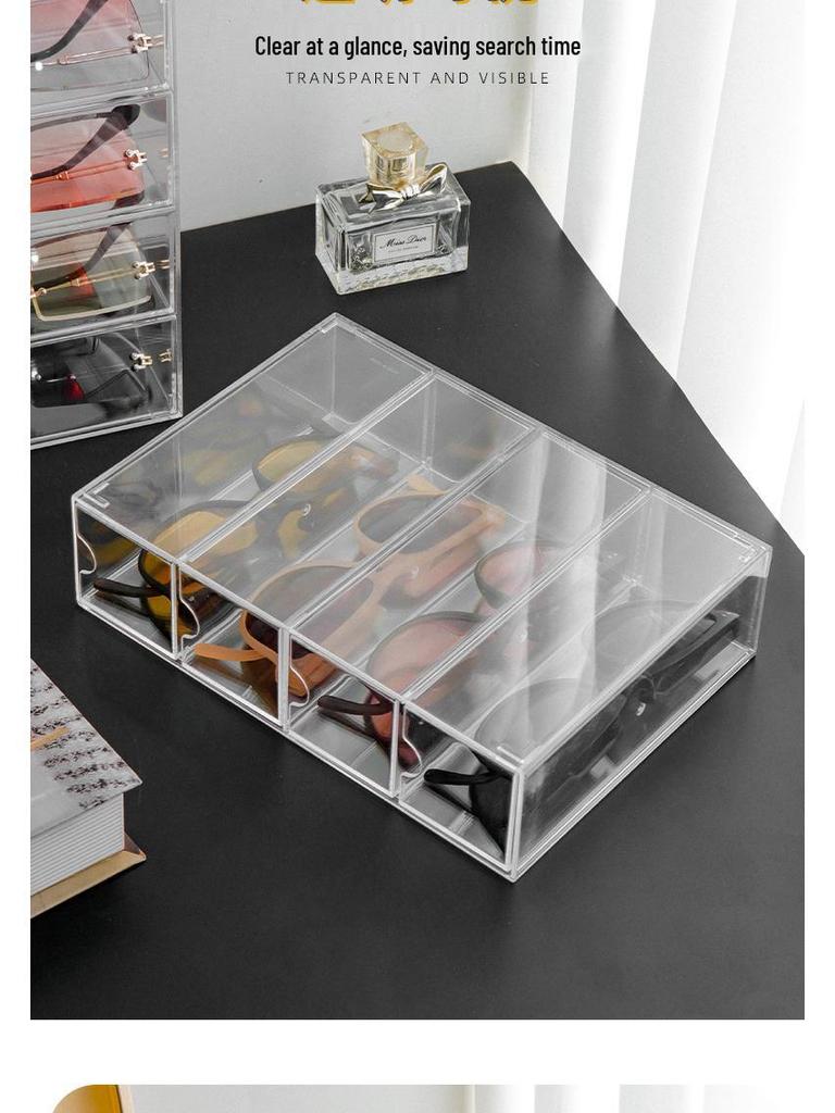 Desktop Eyeglasses & Sunglasses Storage Box - Transparent Divided Drawer Organizer for Cosmetics, Lipstick, and Contact Lenses.