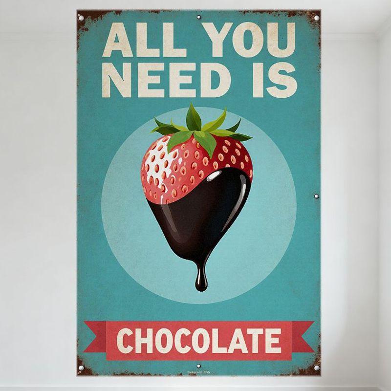 

Vintage All You Need Is Chocolate Metal Tin Sign, Retro Rusty Strawberry with Chocolate Dripping Art, Blue Background Home Bar C 20x30cm（7.8x11.8inch）