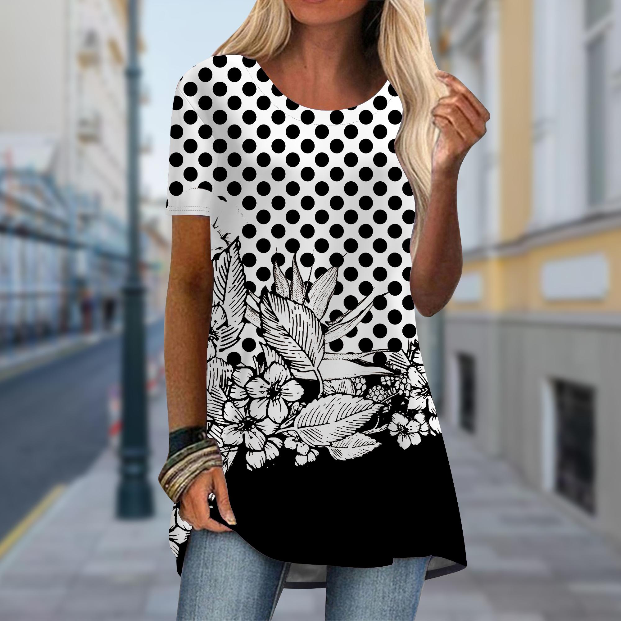 

Плюс размер Женская весенняя волнистая точка принтованная удобная футболка с коротким рукавом и круглым воротником повседневные мешковатые футболки средней длины 8XL белый