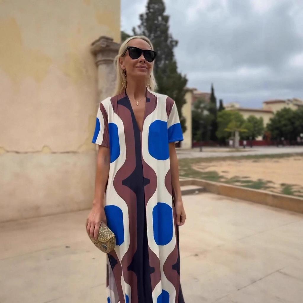 Summer Loose Waist Short Sleeve Mid-Length V-Neck Dress with European & American Ethnic Print