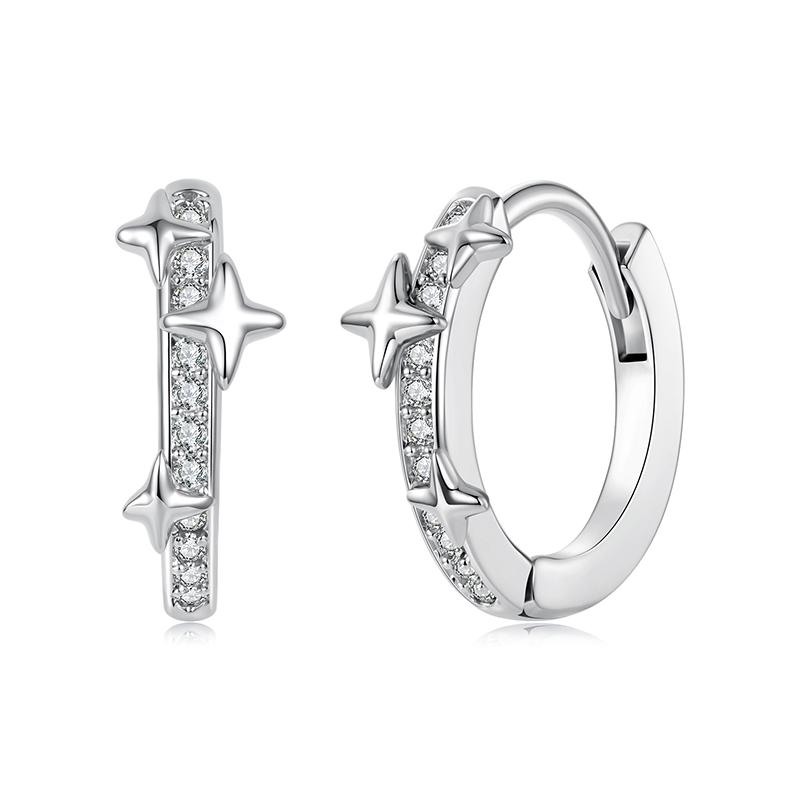 WOSTU Top Quality Star Huggie Earrings with 925 Silver Needle Wedding Zircon Hoop Earrings Hypoallergenic Party Daily Wear Gift