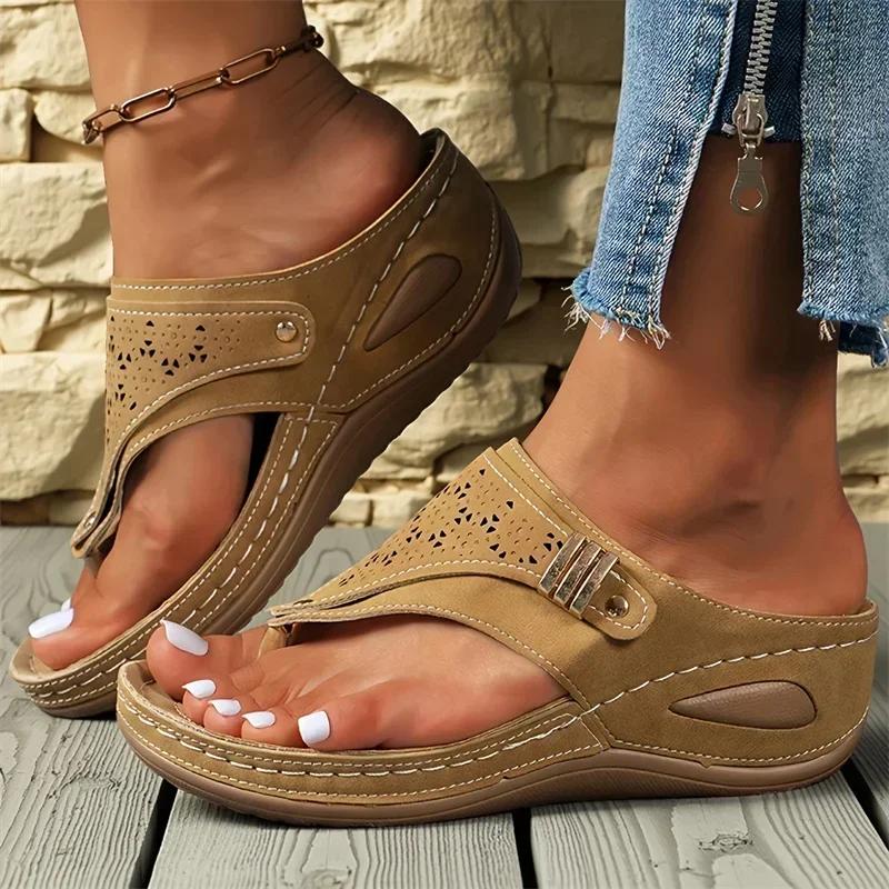 Fashion Woman Slippers 2025 New Wedge Sandals Flip Flops Non-Slip Soft Platform Shoes Lightweight Orthopedic Slippers Slides Women