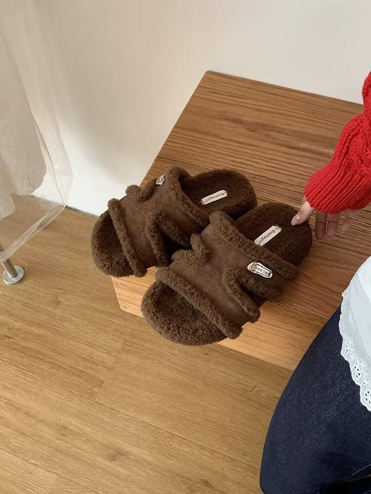 2025 autumn new French outer wear fashion fluffy slippers femininity soft bottom velvet thermal cotton slippers