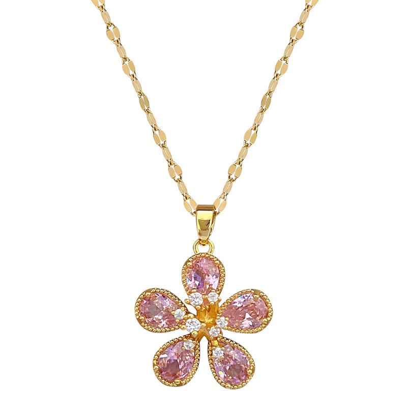 Pink Five-Leaf Flower Light Luxury Temperament Gorgeous Full Diamond Necklace Female Versatile Collarbone Chain Titanium Steel Chain