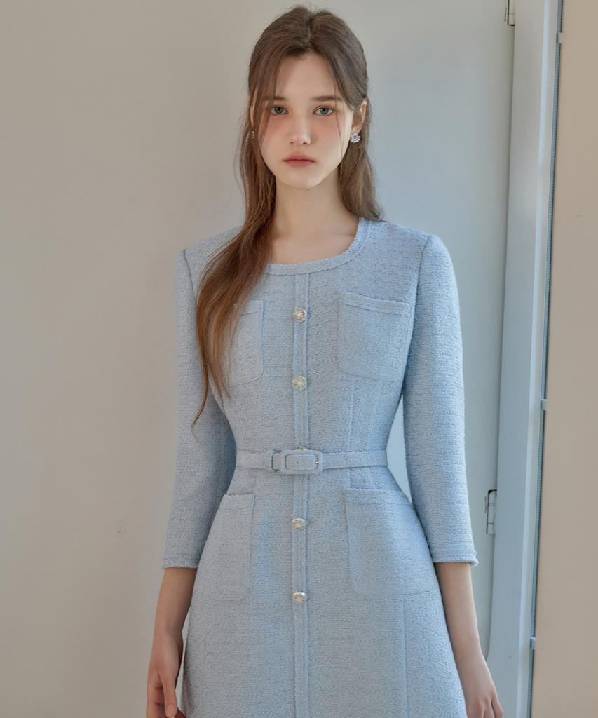 Julie And Kara 26Ss Calla136 Shebigins Bella Tweed Dress Sky Blue