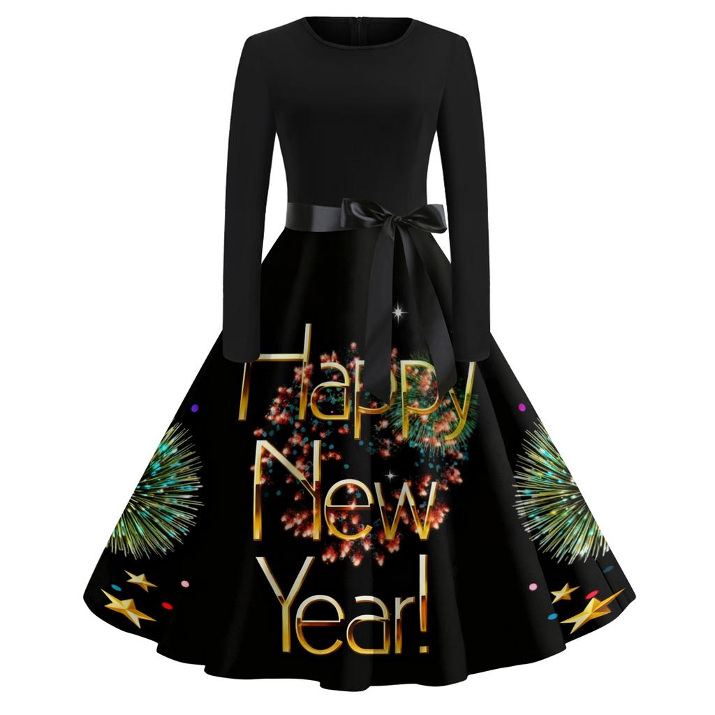 Women's Casual Fashion Round Neck Long Sleeve New Year Printed Retro Dress