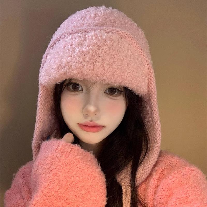 Pink Lei Feng Hat Women's Winter Ear Protection Knitted Wool Hat Outdoor Cycling Plush Hat Cold-proof Big Head Circumference Hat