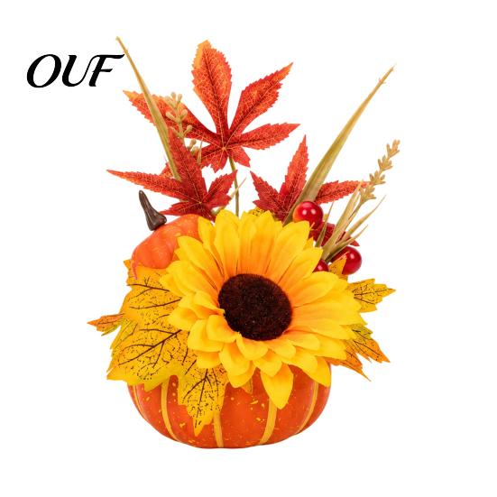 Decorative Harvest Festival Props Artificial Pumpkin Table Centerpiece with Sunflowers Maple Leaves And Pine Fall Centerpieces Cones, Halloween