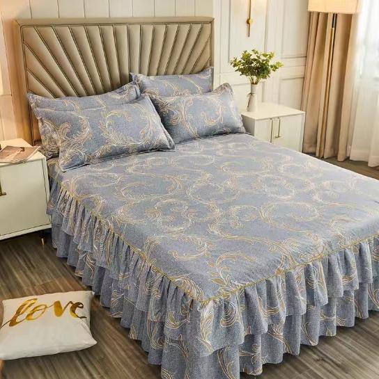 Double Layer Ruffled Bedroom Solid/Flower Pattern Cotton Bed Skirt Coverlets Elastic Tight Dust Cover Bedding