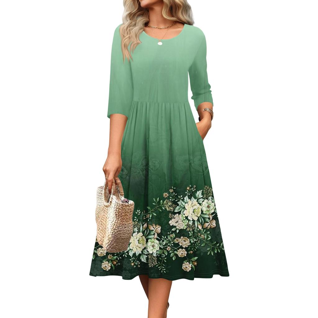Rochie de damă cu mâneci 3/4, casual, fluidă, în A, midi, tip tricou, cu buzunare, cu gât rotund, pentru vacanță, boho, de plajă, de vară