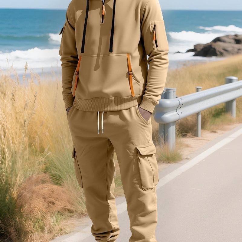 Men s Fleece-lined Hoodie and Zip-up Cargo Pants Set S хаки