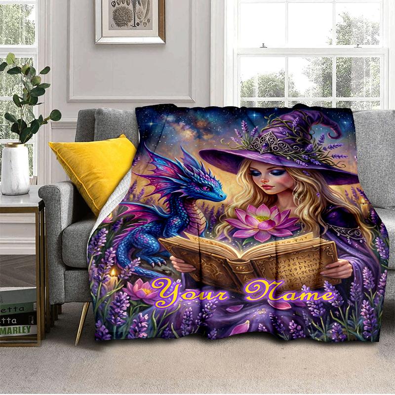 1PC Custom Name Witch Dragon Magic blanket versatile,all-season throw suitable for the living room,bedroom,camping,travel,and gift