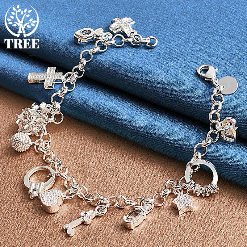 925 Sterling Silver Moon Heart Lock Cross Bracelet Jewelry