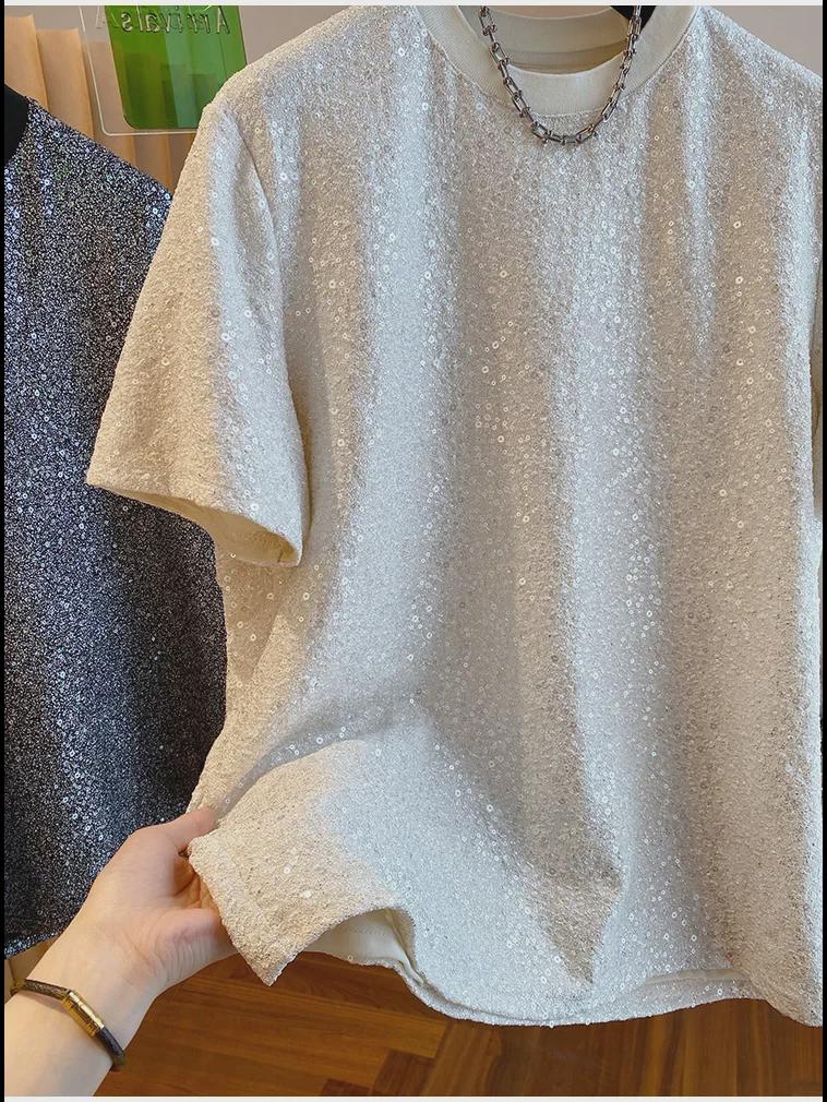 Camiseta Chic de Lentejuelas de Seda para Hombre 2024 - Diseño Europeo de Manga Corta y Corte Holgado