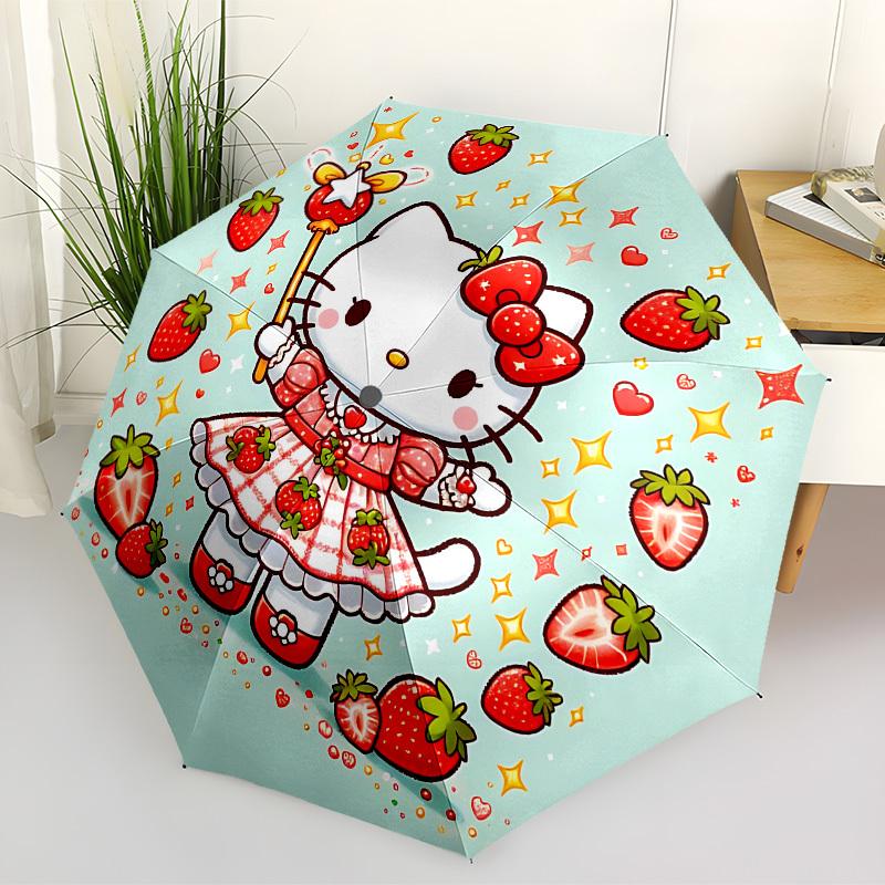 1PC Strawberry Hello Kitty Automatic Folding Umbrella | Vibrant Motif & Compact Design for Everyone, On-the-Go Essential - Gift-Worthy Style Yy2509300