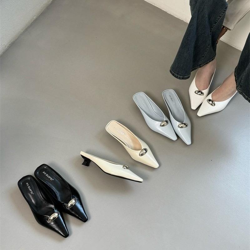 Fashion French Style High Heel Slippers Women Pointed Toe Metal Buckle Slip On Mules