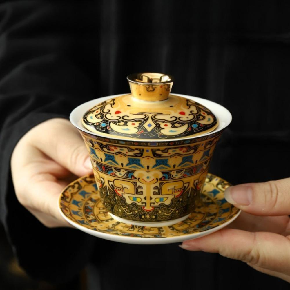 Large gilt covered bowl Chinese style enamel colored ceramic Sancai tea bowl Retro gilt silver palace style tea set