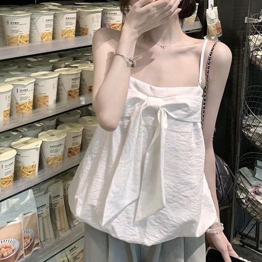 Korean Sweet Style Design Sense Bow Sling Vest Women's Summer New Bud Hem Showing Thin White Top
