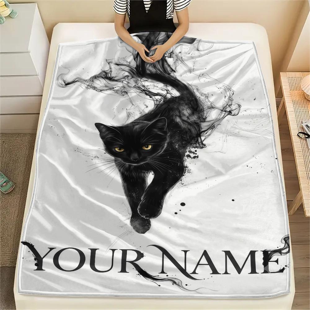 1PC Custom Name Black Cat Majesty Patterned Flannel Blanket Suitable For All Seasons for Home Decor Warmth and Comfort Gifts Holiday Present_lx
