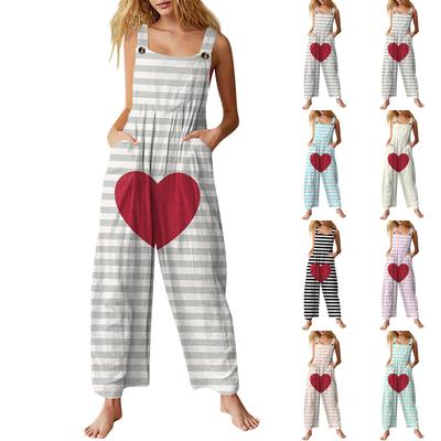 Women's Valentine's Day Printed Casual Loose Retro Cotton Linen Overalls With Pockets