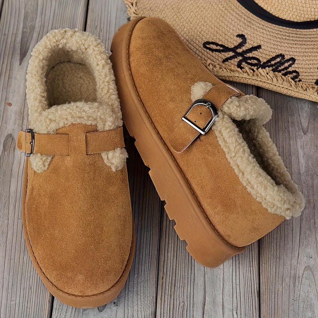 Cozy Fleece-Lined Ankle Boots - Women's Casual Mid Heel Platform Shoes - Round Toe Fabric Upper, Rubber Sole for Winter Warmth with Buckle Closure