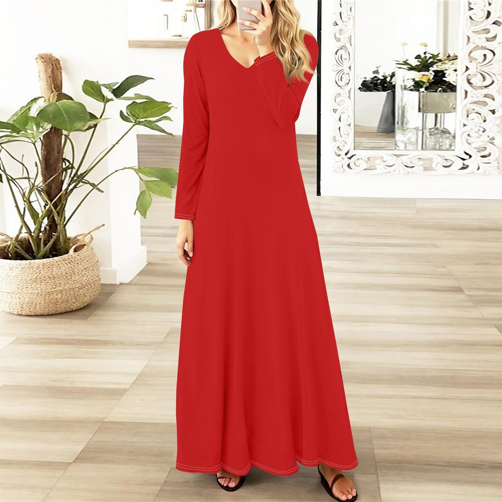 Dámská ležérní móda s dlouhým rukávem jednobarevné vintage dlouhé šaty podzim