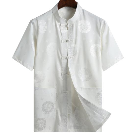 Men Shirt Blessing Pattern Knot Buckle Short Sleeve Solid Color Stand Collar Tang Suit Shirt Kung Fu Clothes for Chinese New Year