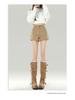 Khaki High-Waisted Casual Women's Shorts with Velvet Lining, 2025 Winter A-Line Bootcut Hot Pants