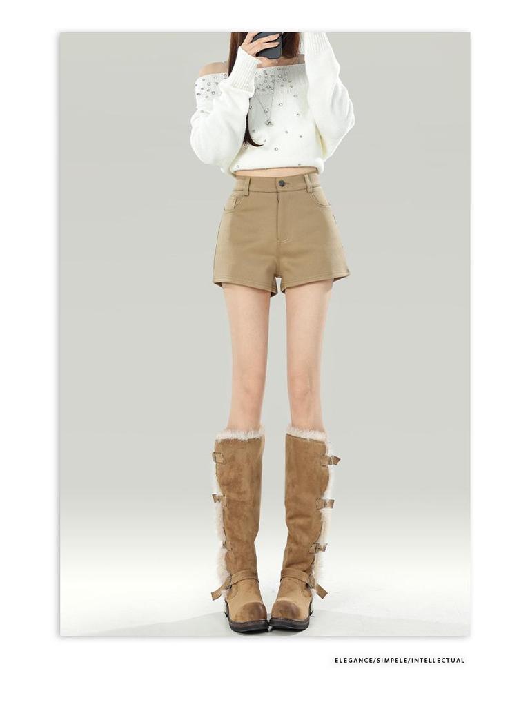 Khaki High-Waisted Casual Women's Shorts with Velvet Lining, 2025 Winter A-Line Bootcut Hot Pants