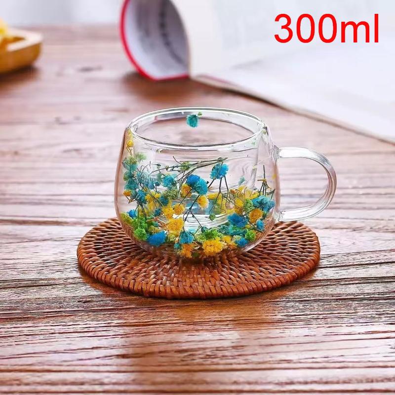 1Pcs Dried Flower Decorative Milk Tea Cup 150/300Ml Double-Layer Dried Flower Glass Cup High Temperature Resistant Coffee Cup