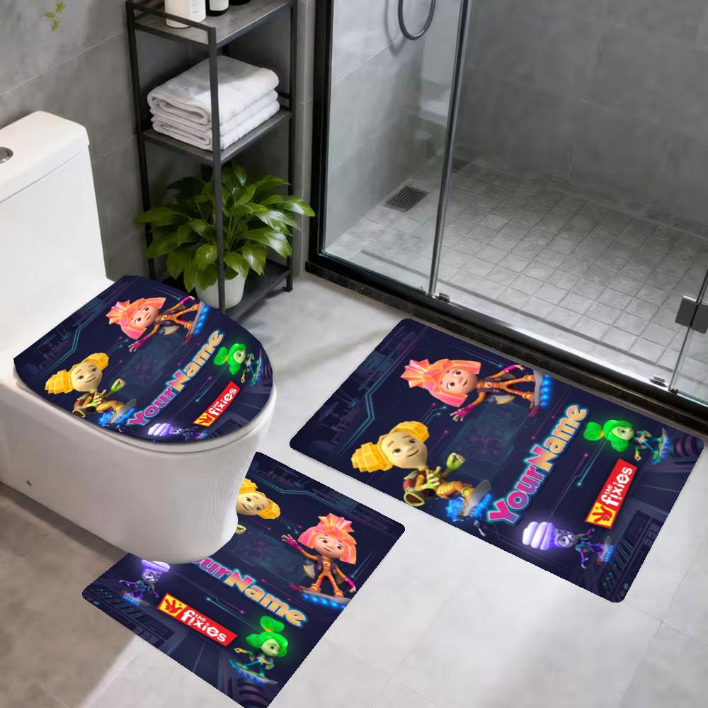 Fixies Customize Your Name Bathroom 3Piece Flannel Mat Set Bath Mat Set Toilet Coverushaped Foot Pad Gift Bathroom Decor