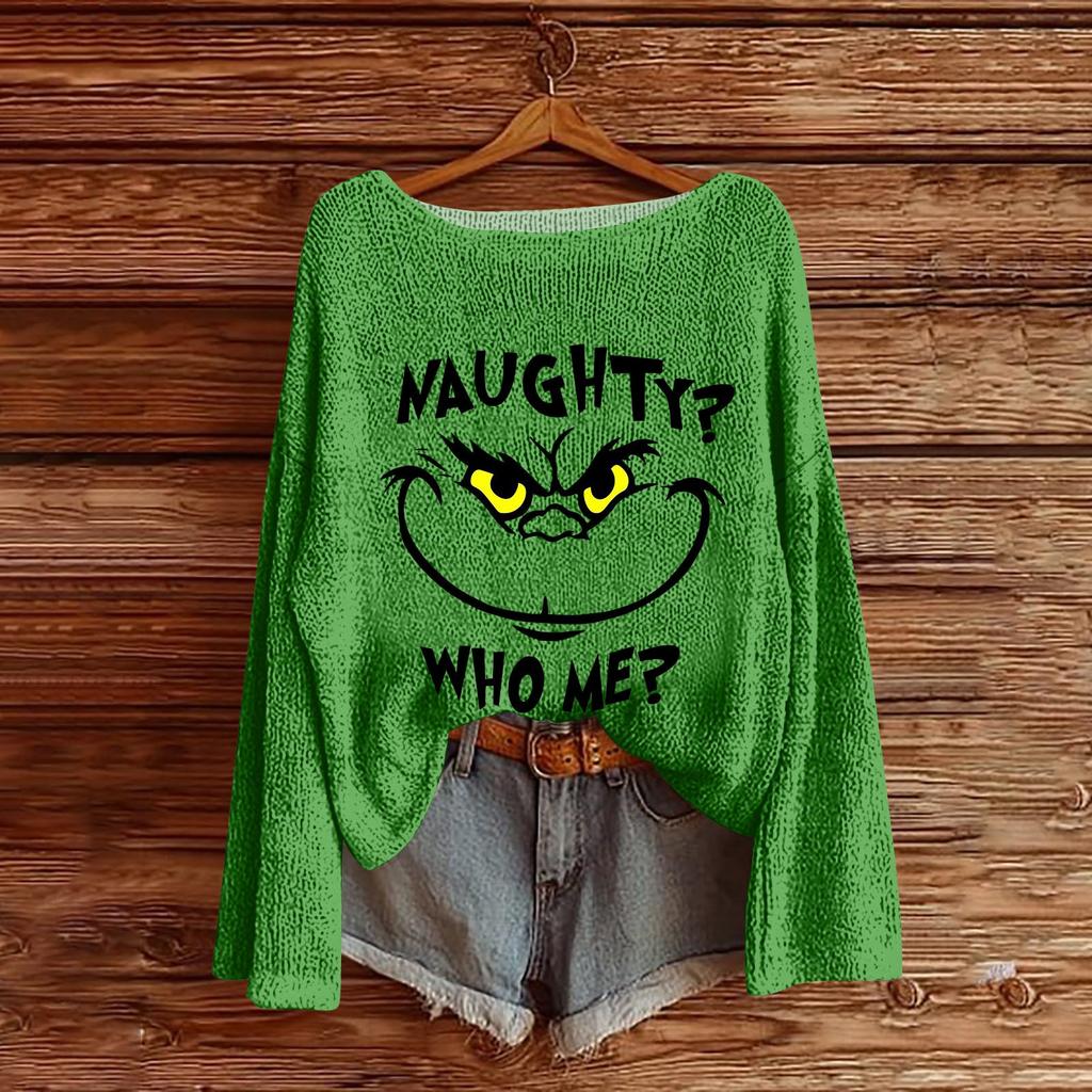 Dame Rund hals Lett genser Casual Langermet Juleprint Strikket Pullover.