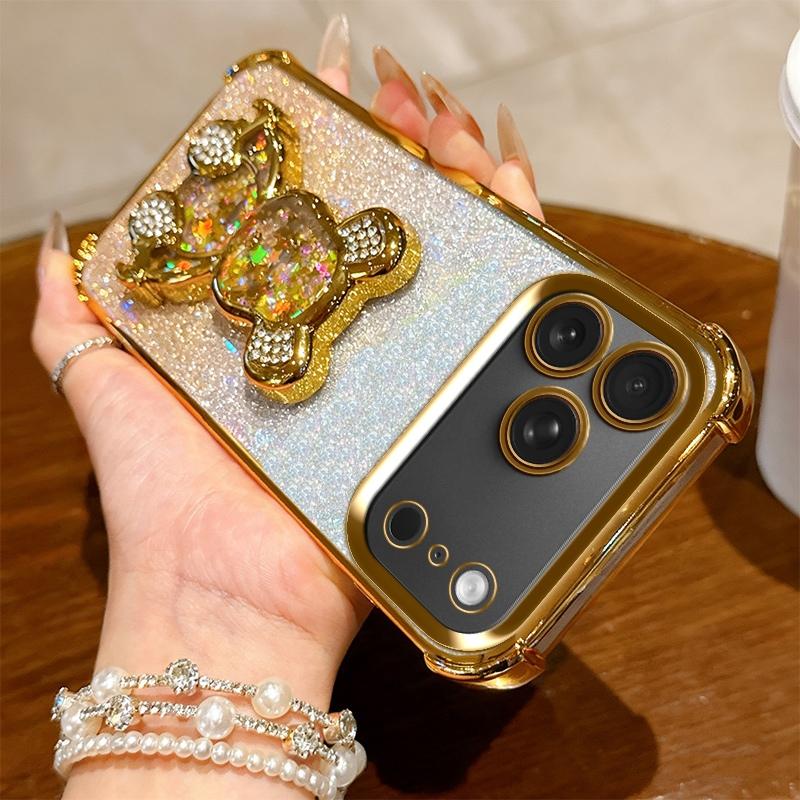 

Shockproof Case for iPhone 17 Pro Max 16 14 13 12 11 15 Plus Air Glitter Bear Bracket Stand Luxury Plating Holder Clear Cover for iPhone 17 золотой