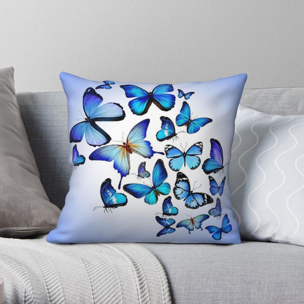 Blue Butterfly Square Pillowcase Polyester Linen Velvet Creative Zip Decorative Sofa Cushion Cover