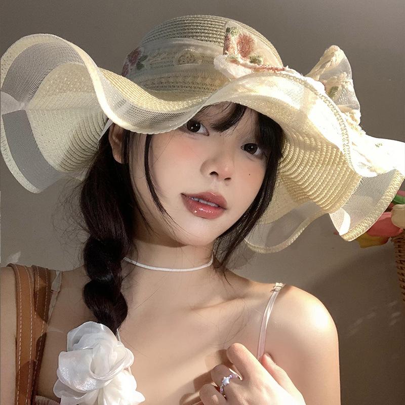 Sweet Cute Lace Edge Straw Hat For Women Spring Summer Bowkont Large Brim Sunshade Caps  Foldable Beach Cap Gifts