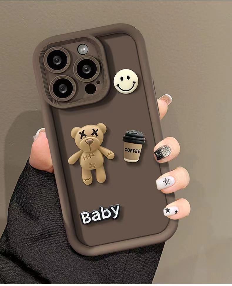 Applicable To Apple 16 Mobile Phone Case Three-dimensional Coffee Bear iPhone17 Personalized Cartoon 15promax Fashion Trendy Case