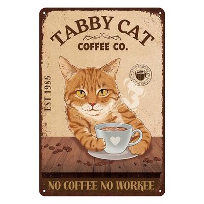 Vintage Tabby Cat Coffee Co Metal Sign    Retro Wall Decor with No Coffee No Workie Quote Iron Wall Hanging for Bedroom or